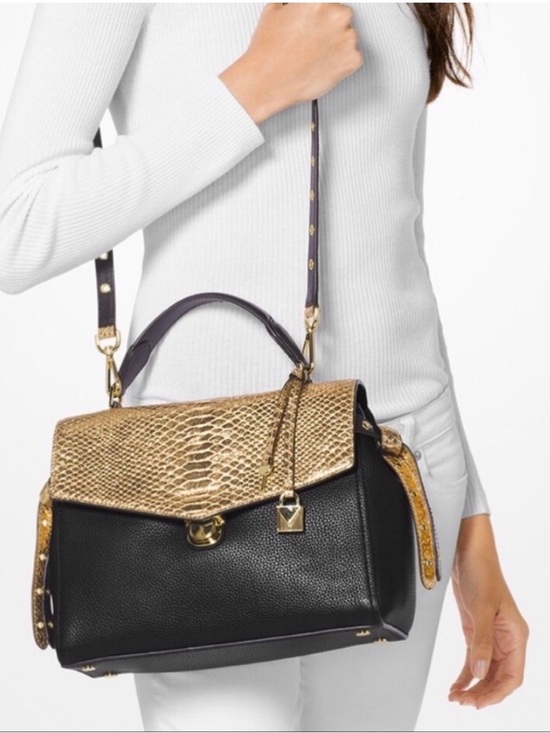 Handbags - Michael Kors Bristol Black Metallic Gold Snake Embossed Leather Purse Bag